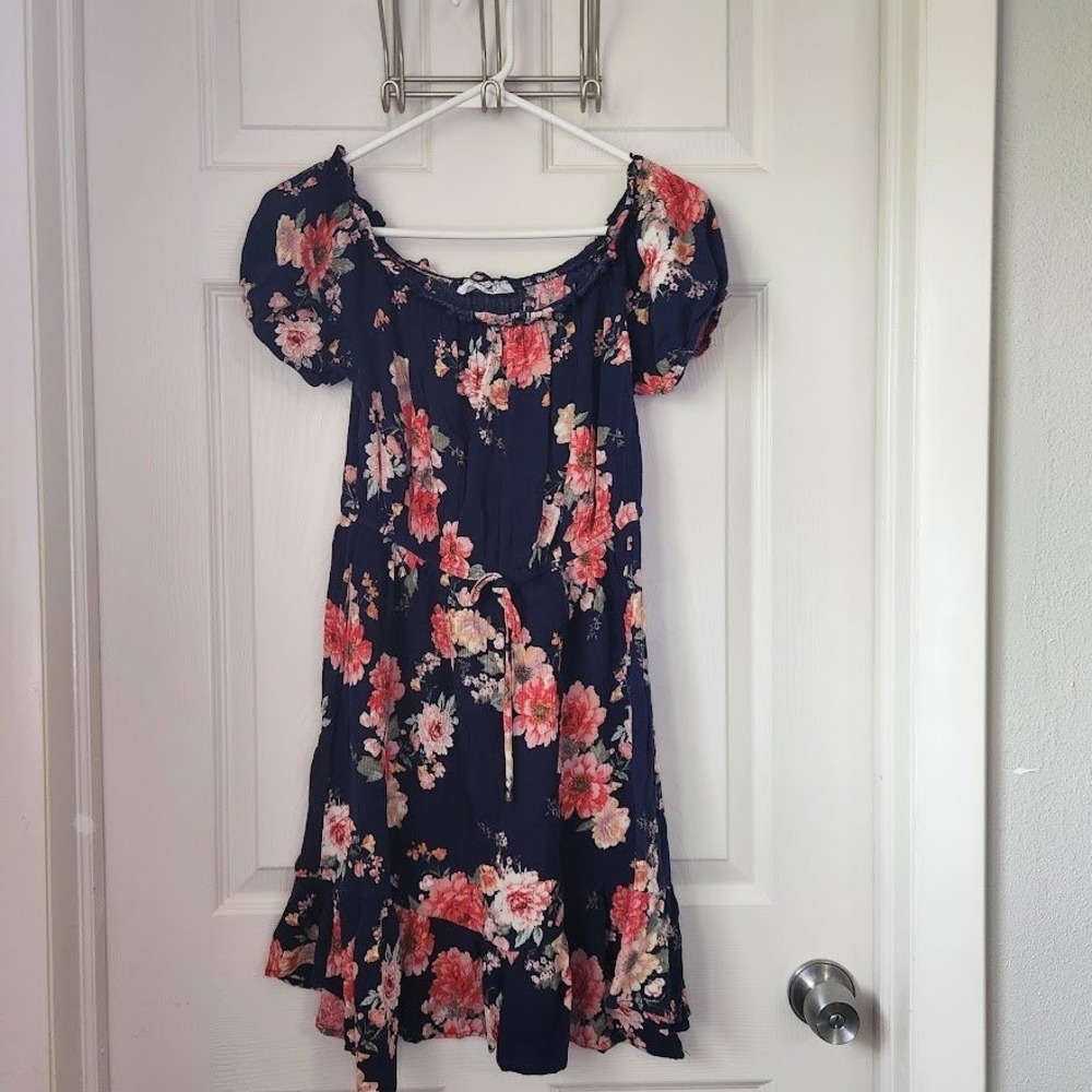 Feelib Navy Blue Floral‎ Off Shoulder Mini Dress Short Puff Sleeve Boho Med 246